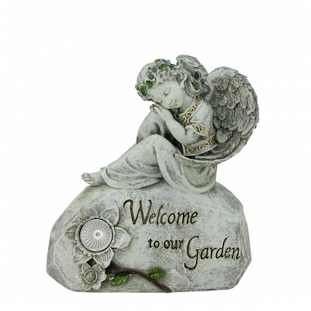 Purely Pecan 10 in. Resting Angel Welcome To Our Garden Outdoor Garden Statue Pure White Solarlight 32019872